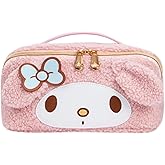 Impressions Vanity My Melody Unfold Travel Makeup Bag with Faux Sherpa Texture, Top Carry Handle, Three Inner Compartments, Melody Signature Golden Zippered Cosmetic Bag Organizer for Girls