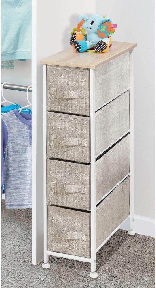 mDesign Narrow Vertical Dresser Storage Tower - Sturdy Frame, Wood Top, Easy Pull Fabric Bins - Organizer Unit for Bedroom, Hallway, Entryway, Closets - Textured Print, 4 Drawers - Light Tan/White -