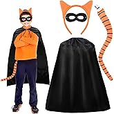 JcHrmers 4Pcs Cat Costume Set Orange Cat Ears Headband Tail Black Felt Eye Mask Cloak for World Book Day Halloween Party Dress Up