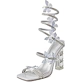 VOZTOLLS Womens Lace Up Sandals Square Open Toe Chunky High Heels Rhinestone Strappy High Block Heel Sandals Sparkly Dress Party Wedding Shoes