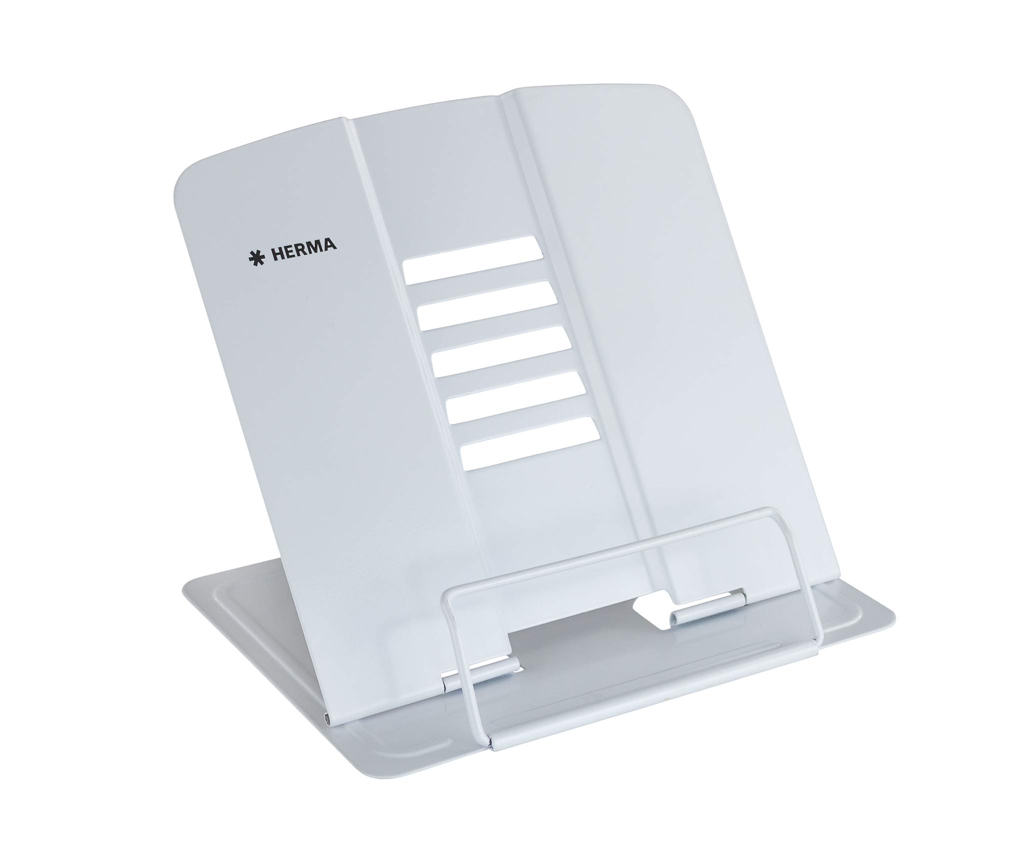 HERMA Metal Book Stand (19.8 x 22.2 x 3.3 cm Folded) Adjustable Anti-Slip Cookbook Holder for Kitchen, School and Office, Reading Rest for Kids, White