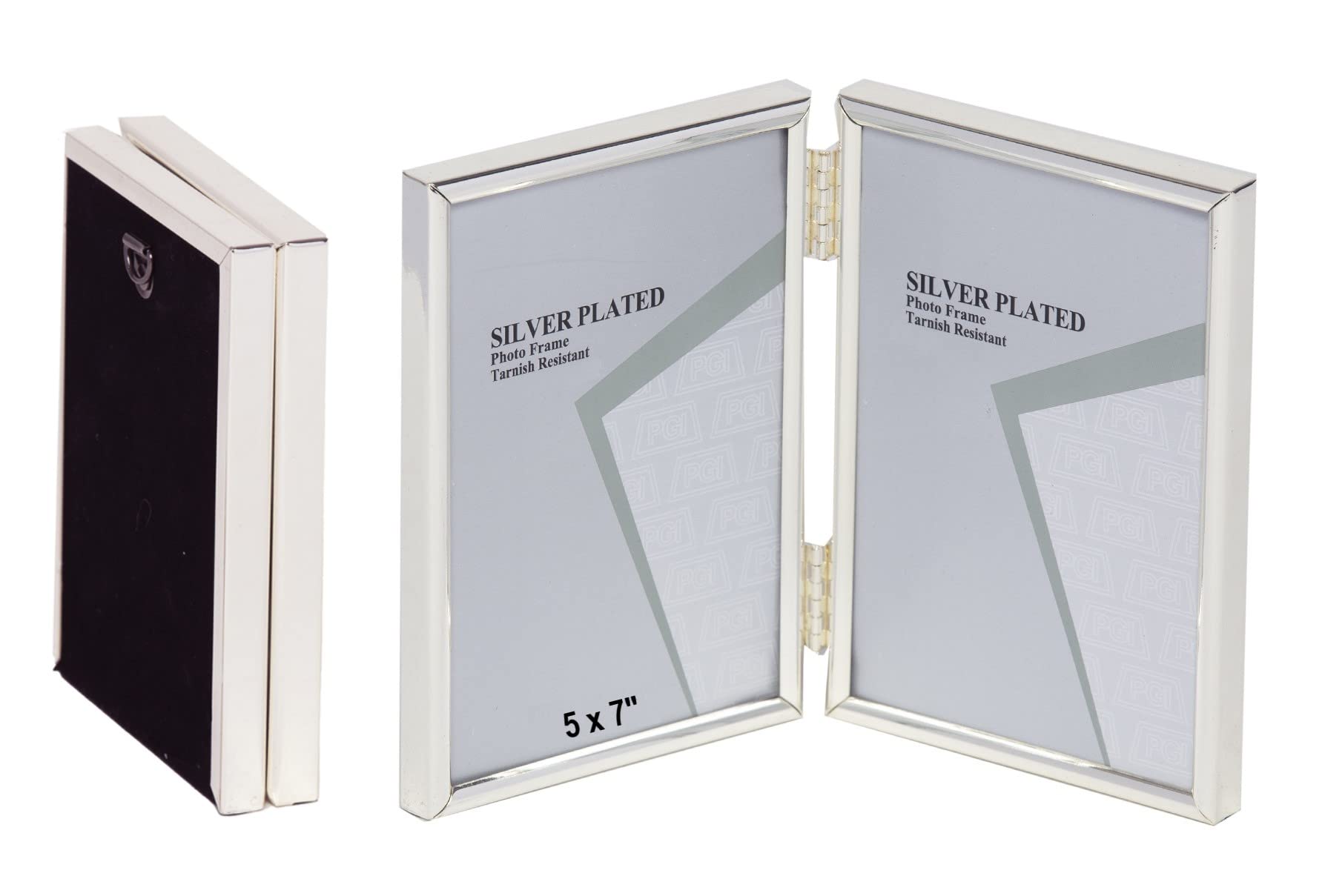 5 x 7-inch Silver Thin Edge DOUBLE PORTRAIT Photo Frames with hooks, can stand and hang - Velveteen Backing - Tarnish Resistant (5 x 7-inch)