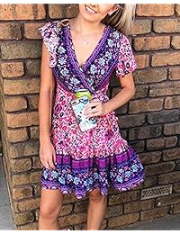 Vestido largo maxi envuelto estampado floral con estampado floral para mujer Vestido de fiesta de playa con mangas con cuello en V y volantes