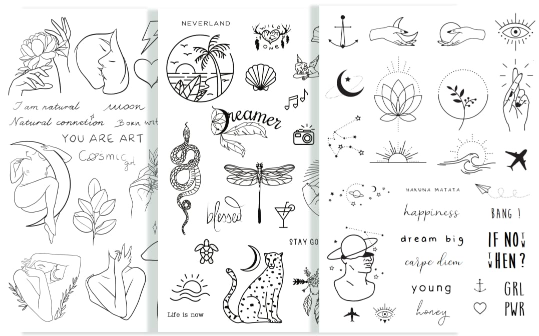 Tatsy Temporary Tattoo Set of 3 Sheets Simple, Natural, Hippie - Party Fun Tattoos, Fake Tattoo Body Art for Men and Women, Total 69 Unique Tattoos