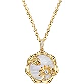 MEVECCO Birth Flower Necklace For Women 18k Gold Plated Mother Of Pearl Disc Floral Pendant Necklace Dainty 12 Birth Month Flower Handmade Personalized Jewelry Anniversary Christmas Birthday Gifts