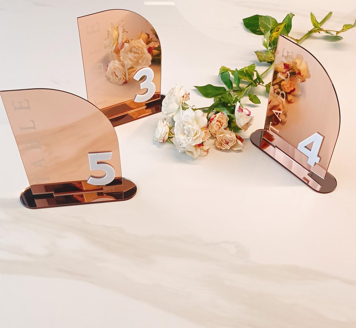 Photo 1 of Acrylic Wedding Table Numbers,Semi-Arched Mirrored Acrylic Table Numbers for Party,Events,Occasion Decoration (Number 1-30, Rose Gold Mirror)
