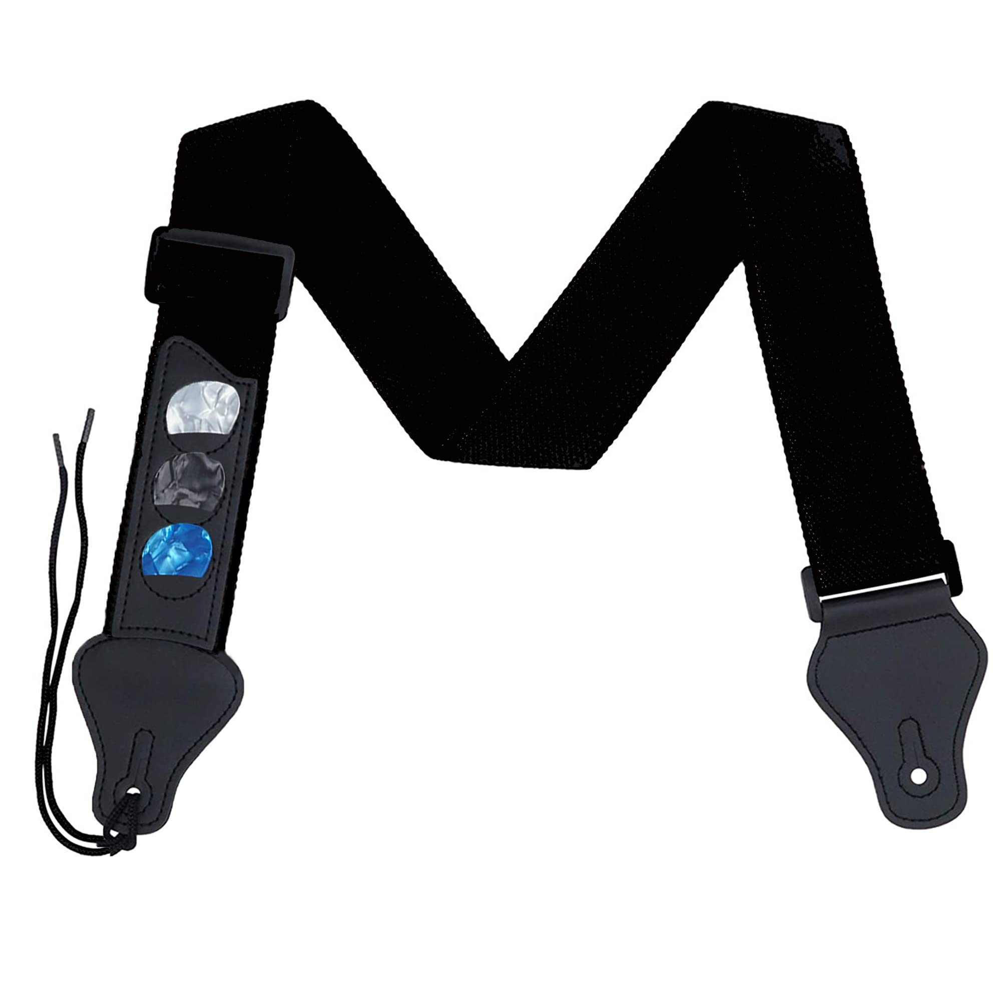 Laeeyin Guitar Strap, Braided Adjustable with Leather Ends, 3 Pick Holders, Black, Up to 145 cm, 5 cm Wide, Suitable for Electric, Acoustic, Bass & More