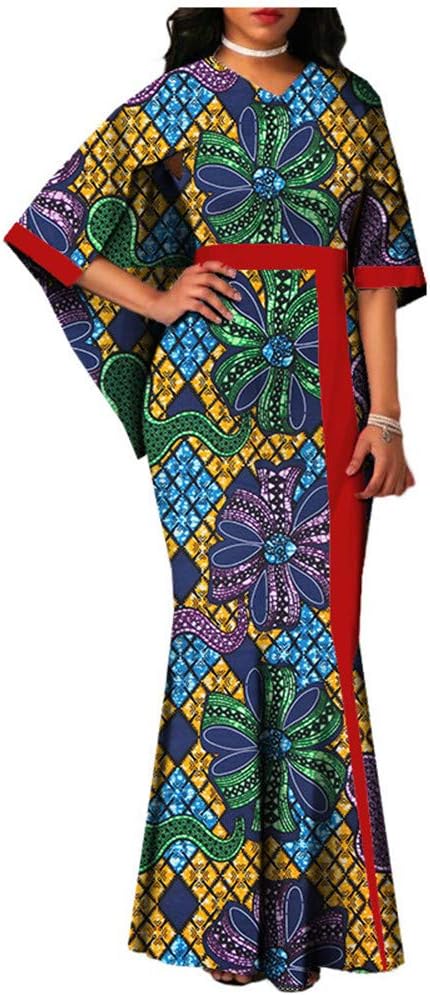 African Ankara Print Dresses for Women Cloak Sleeves V-Neck Pleated Maxi Dress 100% Batik Cotton Made AA722553