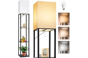 Dott Arts Floor Lamp with Shelves, Floor Lamps for Living Room Decor Display Shelf Lamps with 3 Color LED Bulb, Modern Floor Lamp for Bedroom Standing Lamp for Living Room Office,Home Decor（Black）