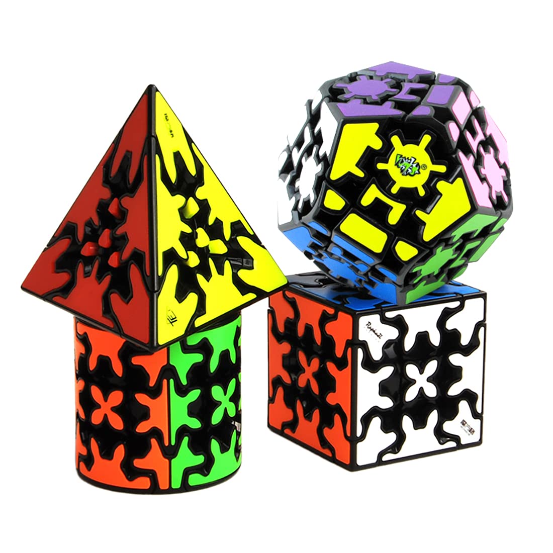 Yealvin Gear Cube Set, Gear Speed Cube Set of 3x3 Gear Cube Cylindrical Gear Cube Megaminx Gear Cube and Pyraminx Gear Cube Brain Teasers Puzzle Toys 4 Pack