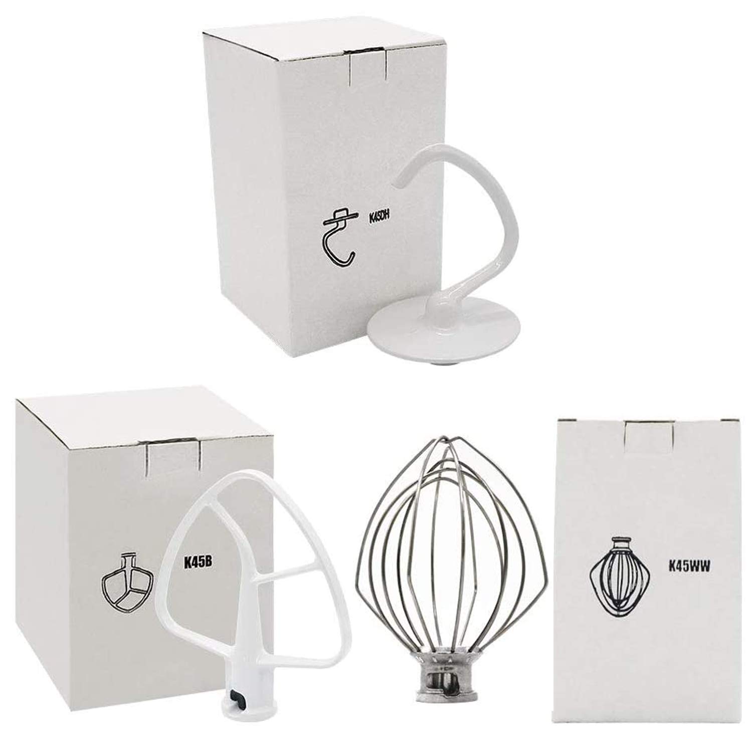 Kitchen Mixer Accessories K45DH Dough Hook & K45B Coated Flat Beater & K45WW Wire Whip 3 piece Stand Mixers Replacement Set Compatible With K45 KSM75 KSM90 KSM100 KSM103