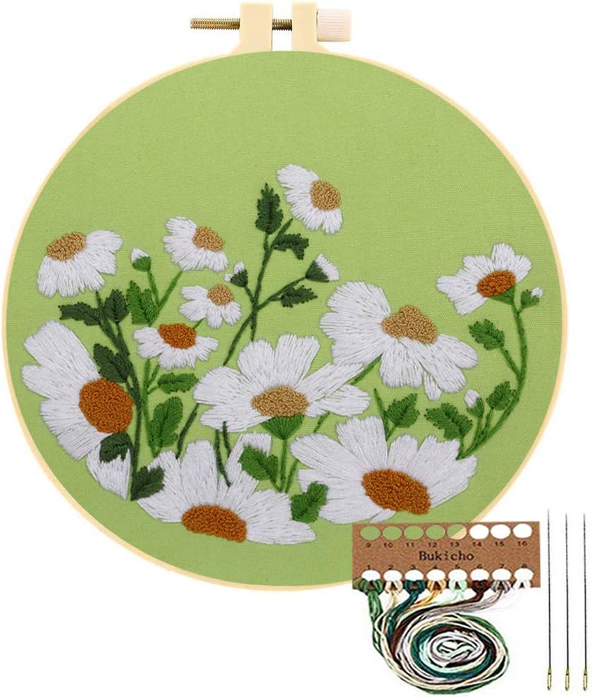 Embroidery Starter Kit with Pattern, Cross Stitch Kit Include Stamped Embroidery Clothes with Floral Pattern, Plastic Embroidery Hoops, Color Threads and Tools Needlepoint Kits (Daisy)