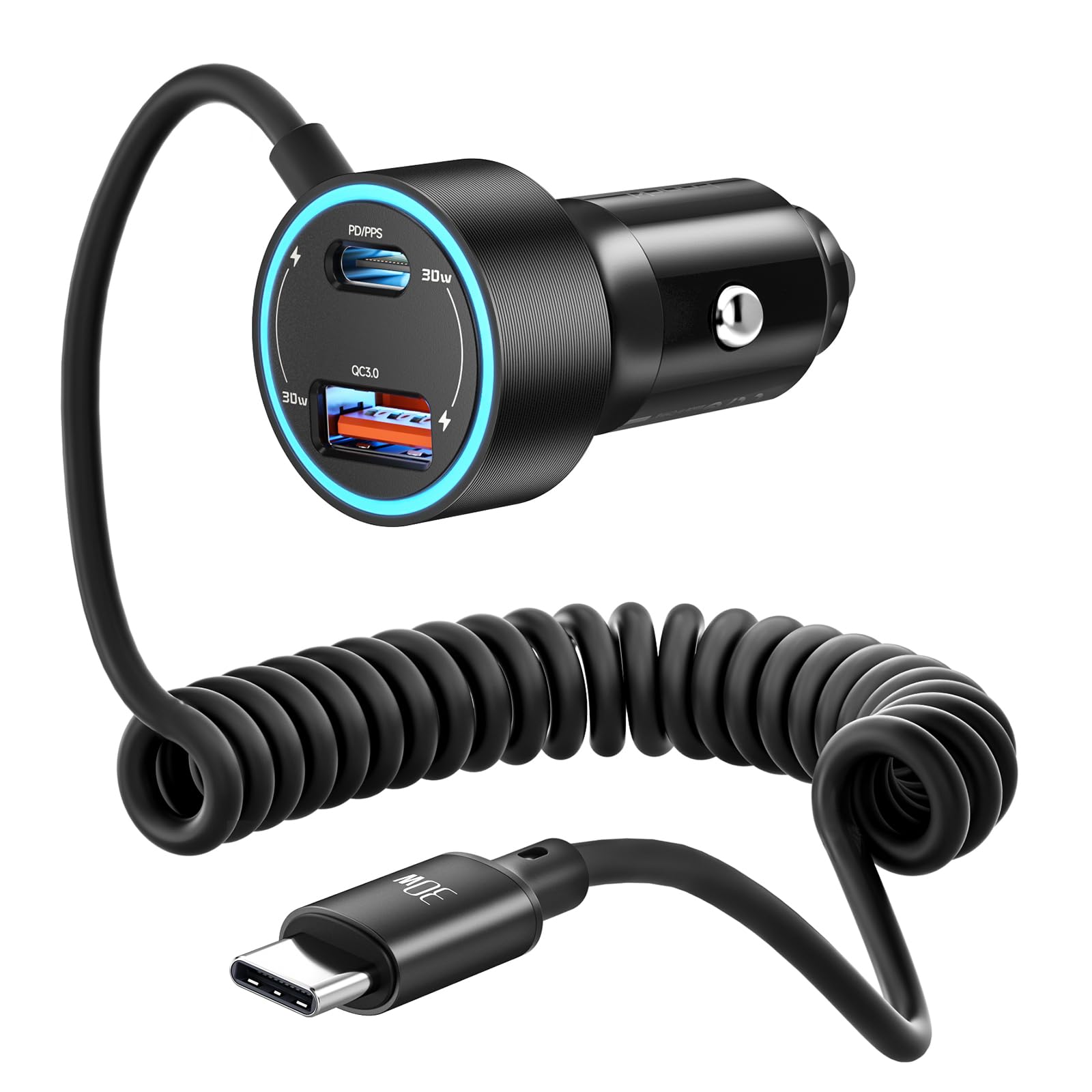 Photo 1 of 60W Car Charger USB C,toocki 3-Port Cigarette Lighter USB Charger PD & QC3.0 with 30W Type C Coiled Cable,Fast Car Charger Adapter for iPhone 15/Pro/Plus/Max/Samsung S23/Google Pixel,iPad Pro