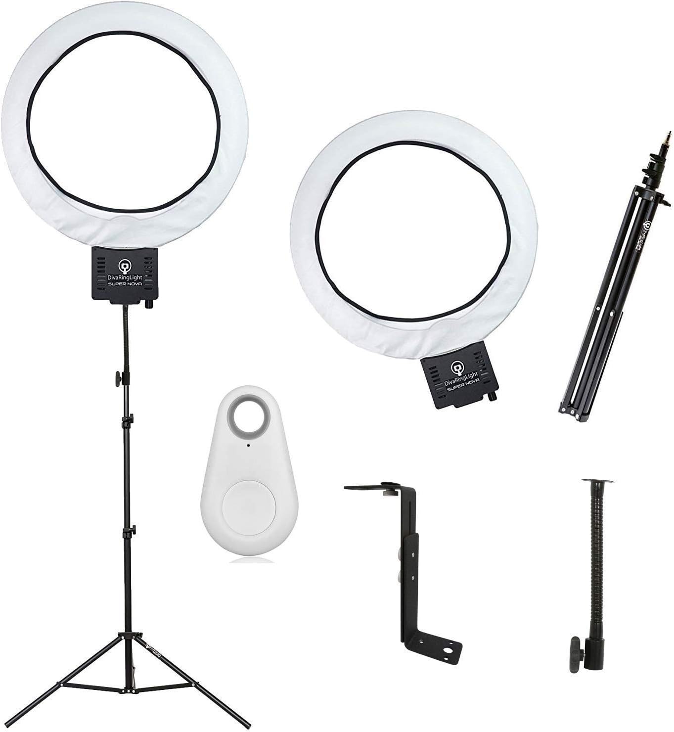 Diva Ring Light Super Nova 18" Dimmable with 6' Stand and Bluetooth Shutter/Clicker for Smartphones and Tablets (White Clicker)