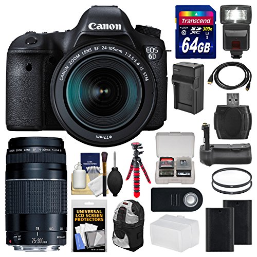 Canon EOS 6D Digital SLR Camera Body + EF 24-105mm IS STM & 75-300mm III Lens + 64GB Card + Backpack + Flash + Batteries/Charger + Grip + Tripod Kit Canon EOS 6D Digital SLR Camera Body + EF 24-105mm IS STM & 75-300mm III Lens + 64GB Card + Backpack + Flash + Batteries/Charger + Grip + Tripod Kit