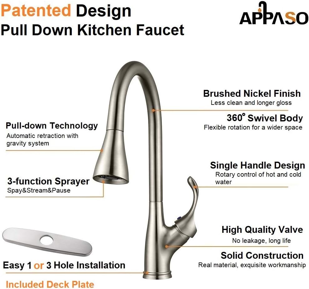 APPASO Pull Down Kitchen Faucet with Sprayer Stainless Steel Brushed Nickel - Single Handle Commercial High Arc Pull Out Spray Head Kitchen Sink Faucets with Deck Plate - - 