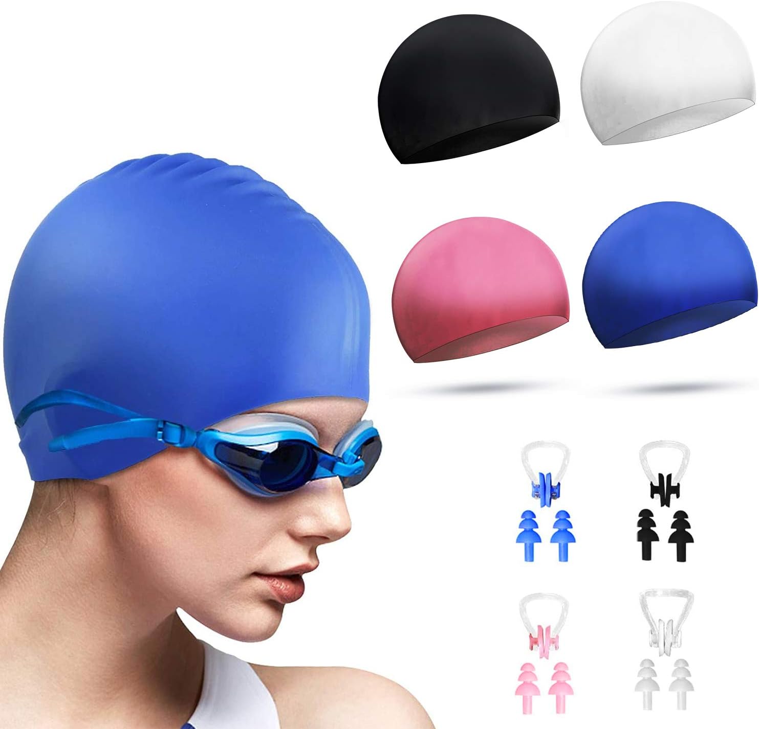 DECYOOL 4 Sets Silicone Swim Cap, Waterproof Swimming Cap with Silicone Nose Clip & Earplugs Cover Ears : Sports & Outdoors