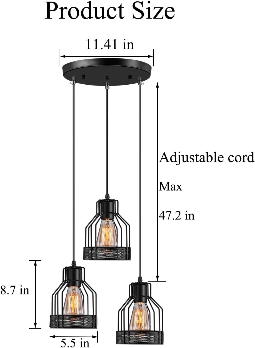 Industrial Pendant Lighting Licperron E26 Base Edison Metal Caged Vintage Hanging Pendant 3-Lights Rustic Pendant Light Fixture for Kitchen Dining Room Bar Hotel - - 