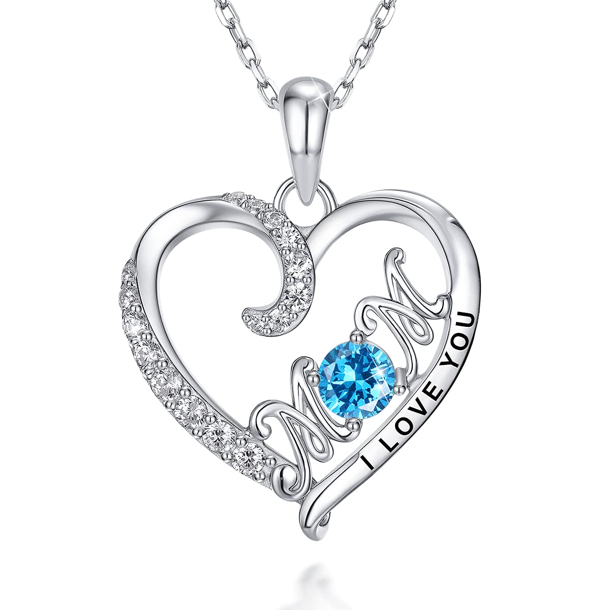 PEARLOVE Love Heart 925 Sterling Silver Necklace, Gold Plated Birthstone Pendant Mom Necklaces with Cubic Zirconia for Mother Women