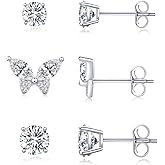 3 Pairs 14K Gold Plated Cubic Zirconia Earrings Set, Round & Butterfly Stud Earrings (Size 6mm 4mm 3mm), S925 Silver Posts, Hypoallergenic Earrings for Women & Men
