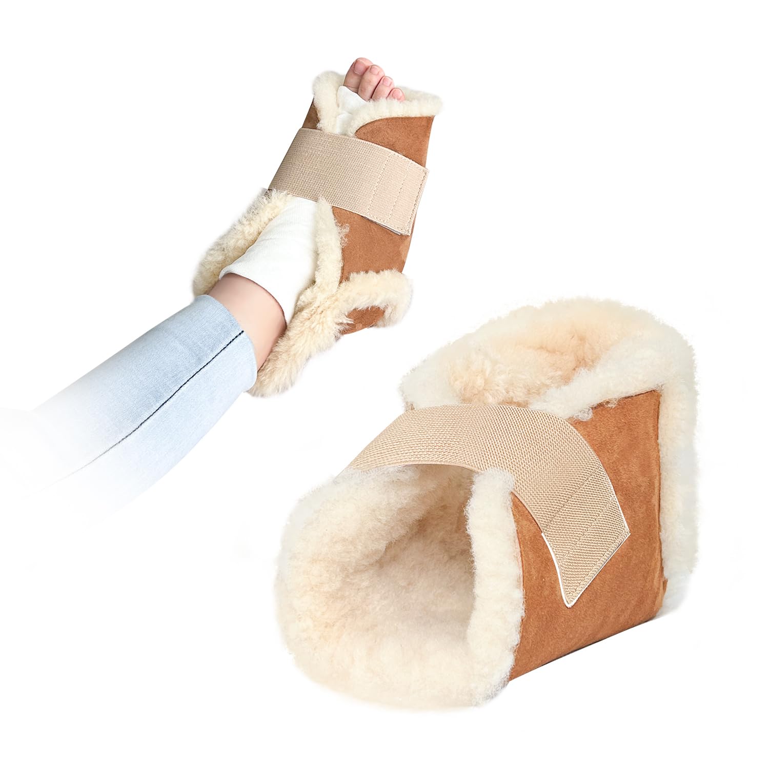 NEPPT Heel Protector for Pressure Sores Sheepskin Cushion Booties Feet Pillow for Bed Sores Diabetic Foot Ulcers Lambs Wool Padding Ankle Cushion Supports for Heel Pain (Sheepskin 1piece)