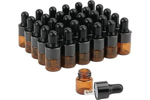 GLASSTORE 30Pcs Amber Glass Dropper Bottles Mini Empty Sample Vials Essential Oil Dropping Bottles Perfume Jars Cosmetic Container with Glass Eye Dropper and Black Caps (1ml)
