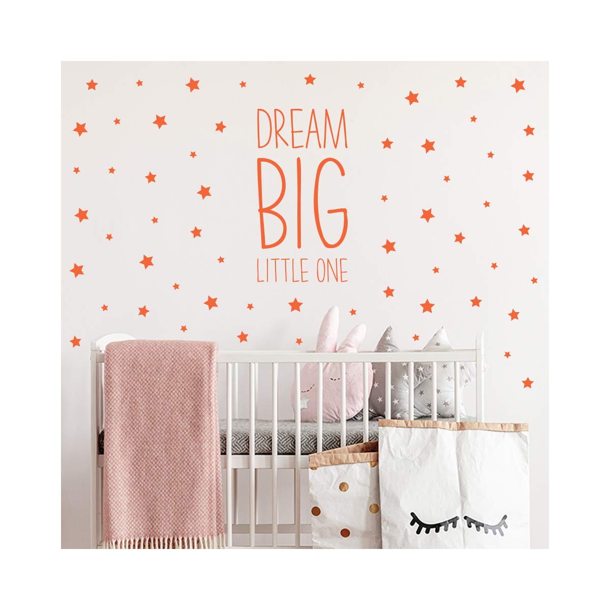 StickerDeen | Dream Big Little One with Stars - Decoration Quote Style Removable Nursery, Baby Bedroom Wall Art Vinyl Decal Sticker Gift | (Large) (Orange)