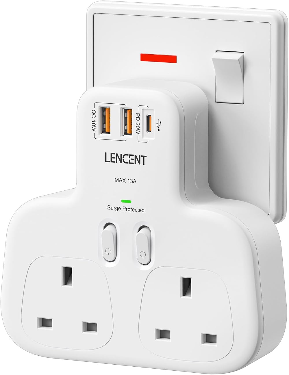LENCENT Double Plug Adaptor with 3 USB Ports UK Surge Protected 13A 3250W