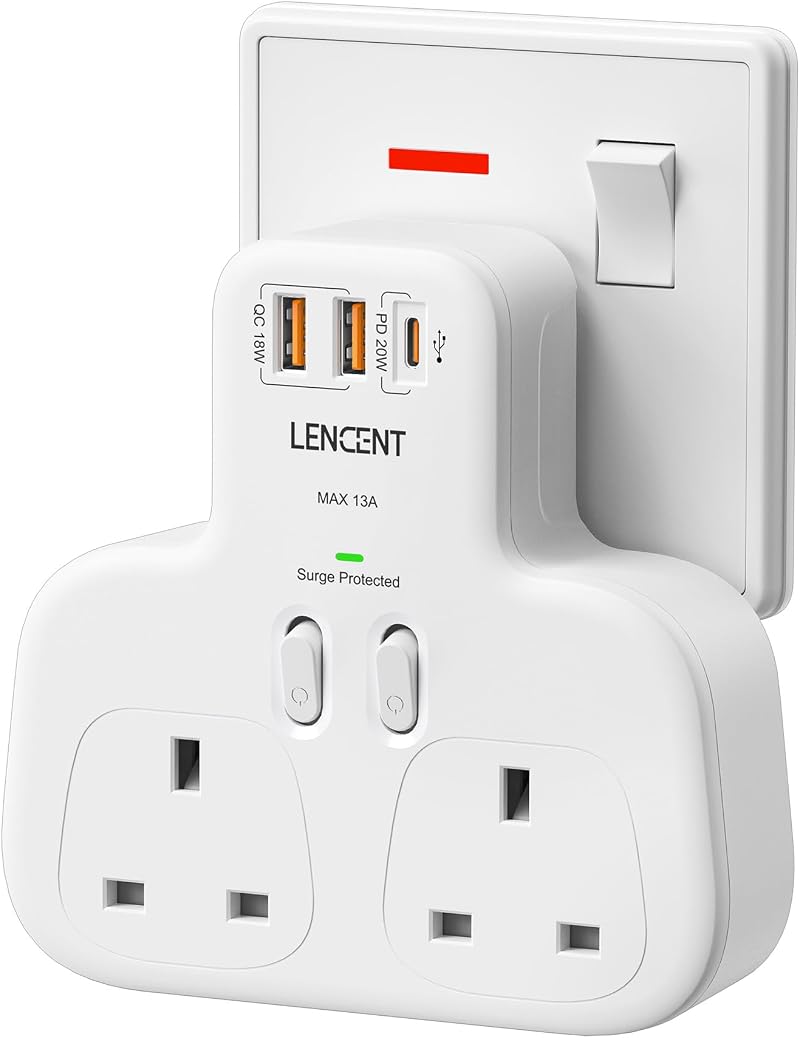 LENCENT Double Plug Adaptor with 3 USB Ports UK Surge Protected 13A 3250W