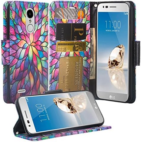 LG Rebel 3 LTE (L157BL) Case, LG Aristo 2 Case (X210), LG Tribute Dynasty (SP200), LG K8 2018 Case, Wrist Strap Flip Folio [Kickstand] Pu Leather Case with ID&amp;Credit Card Slot - Rainbow Flower
