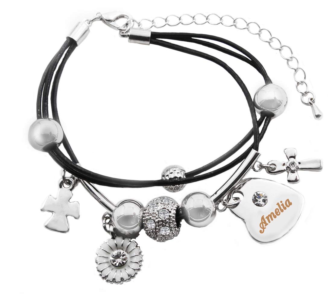 Kigu Amelia Name Bracelet - Genuine Leather Multi Strand Bracelet & 18K White Gold Plated Engraved Heart Charm