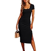 Valiamcep Women's Summer Midi Bodycon Dresses Basic Square Neck Side Slit Ribbed Knit Fitted Casual Sleeveless Tank Dress