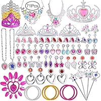 Hicdaw 71PCS Princess Pretend Jewelry Toy Girls Dress Up Jewelry with Princess Wand Tiara Necklace Earrings Rings Bracelets for Birthday Party Favor Gift for Girls