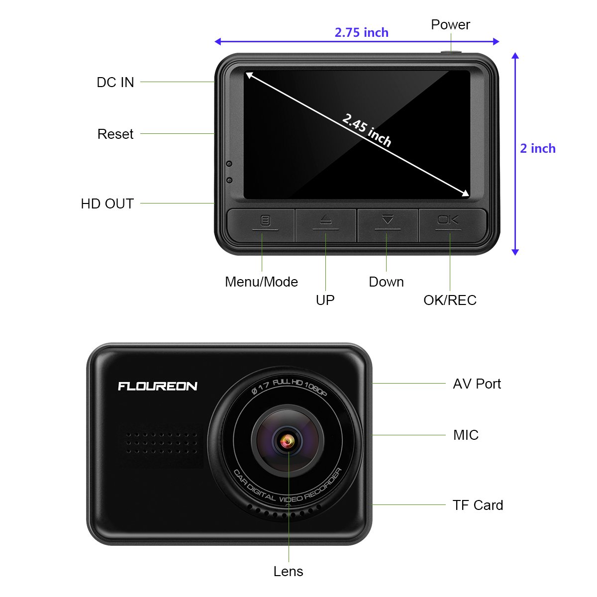 FLOUREON Dash Camera 2.45\