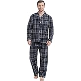 CHUNG Men Flannel Pajamas Set 100% Cotton Brushed Pjs Classic Plaid Long Sleeve Tops Pants Warm Sleepwear loungewear