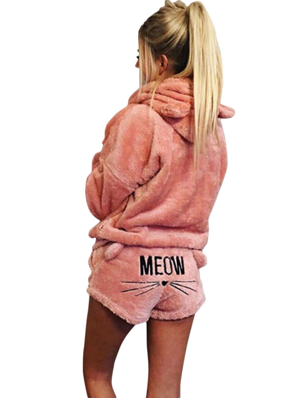 SEENFUN Women’s Pajamas Cozy Sleepwear Fleece Meow Embroidered Hoodie Pj Set