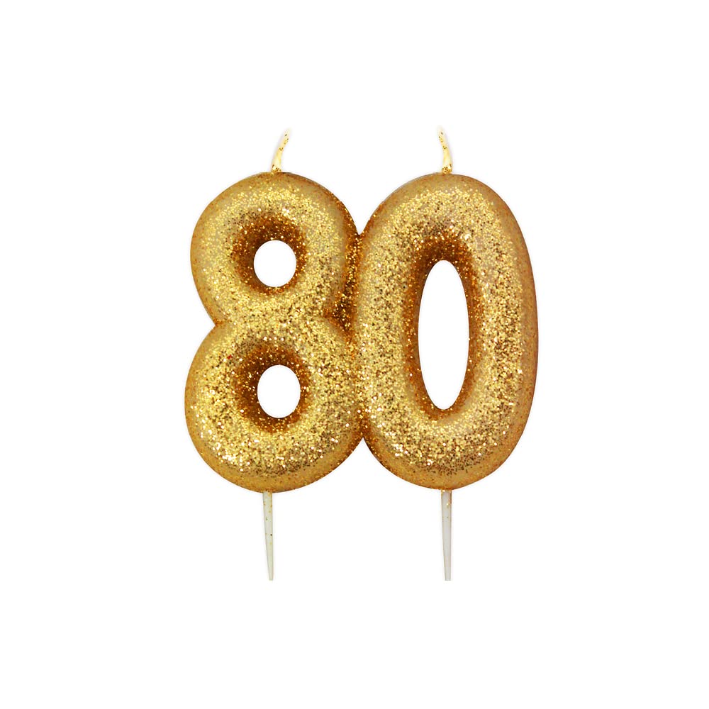 Anniversary House Elegant Gold Glitter 80th Birthday Candle - Premium Wax Number 80 Cake Topper for Anniversary, Party Decor & Milestone Celebrations - Shiny Metallic Sparkle Finish, 7cm Large