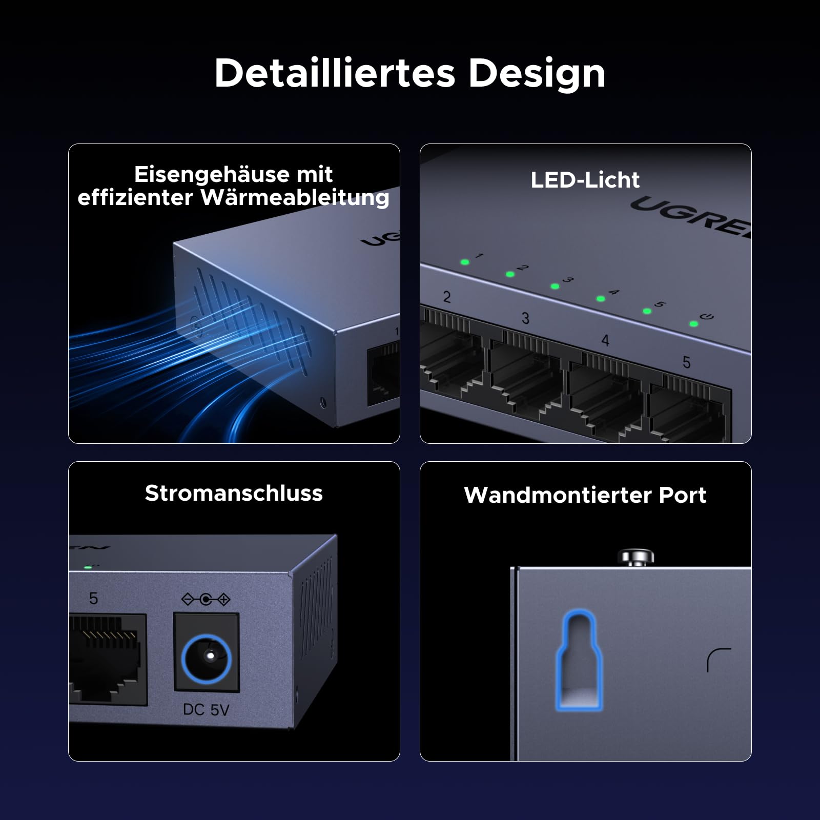UGREEN Switch 5 Port LAN Switch mit Metallgehäuse unterstützt Management 6