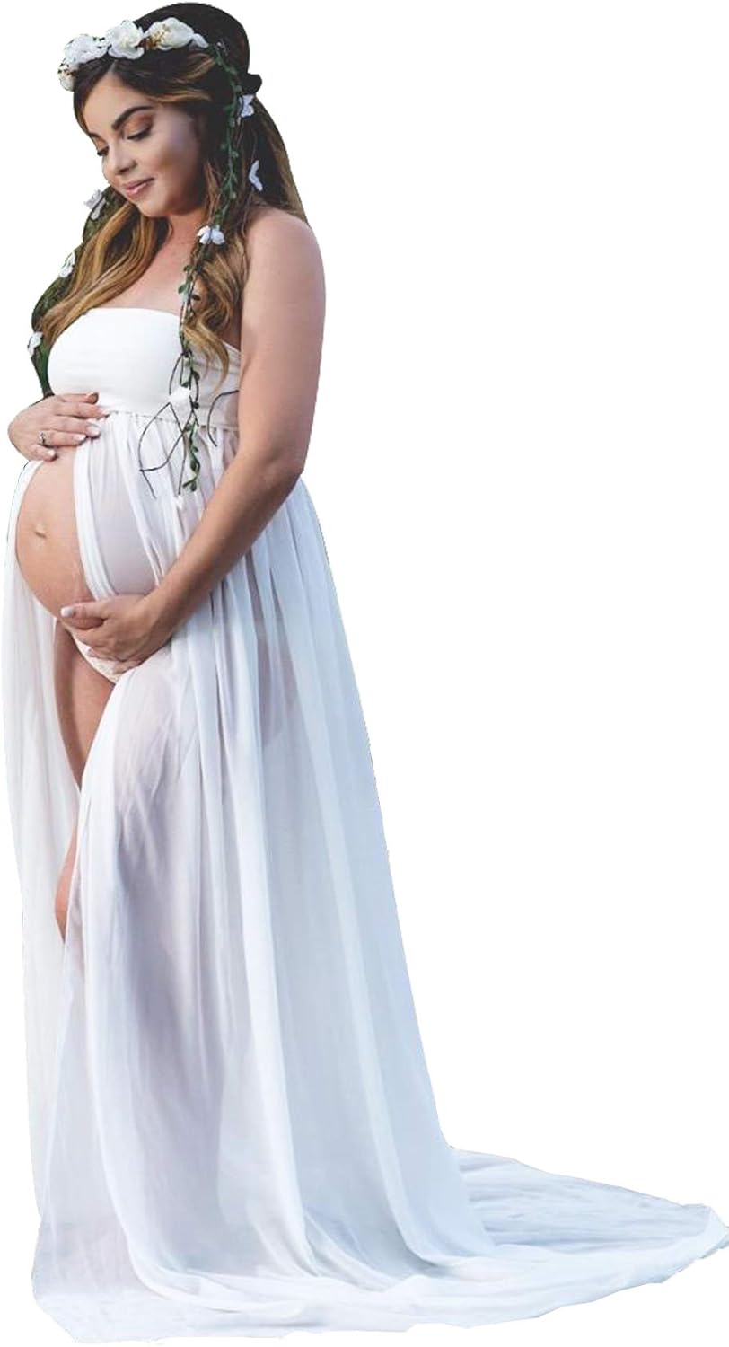 Women's Off Shoulder Strapless Maternity Dress for Photography Split Front Chiffon Gown for Photoshoot (White) at  Women’s Clothing store
