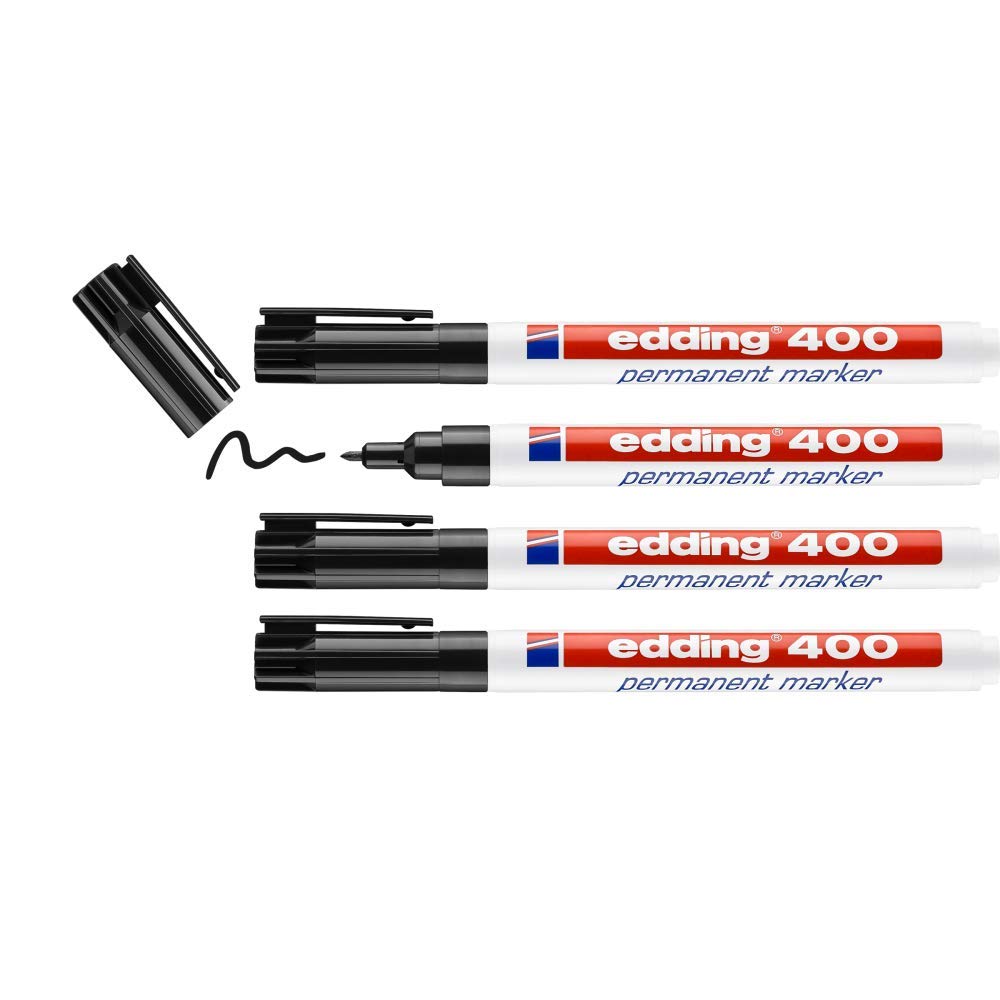 edding 400 permanent marker - black - 4 pens - fine round nib 1 mm - waterproof, quick-drying, smear-proof pens - for cardboard, plastic, wood, metal, glass and fabric