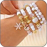 WCRAZYE Christmas Bracelets for Women Red Green Snowflake Santa Claus Christmas Tree Festive Beaded Bracelets Stackable Stretch Friendship Bracelets