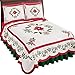 Collections Etc Christmas Evergreen Garland Quilt with Red and White Poinsettias, Holly Leaves, and Berries - Holiday Bedroom Decor, Red and Green, Full/Queen
