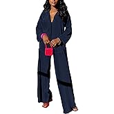 kaimimei Casual 2 Piece Outfit for Women - Linen Long Sleeve Button Down Shirt + Flare Pleated Wide Leg Pants Sets Streetwear