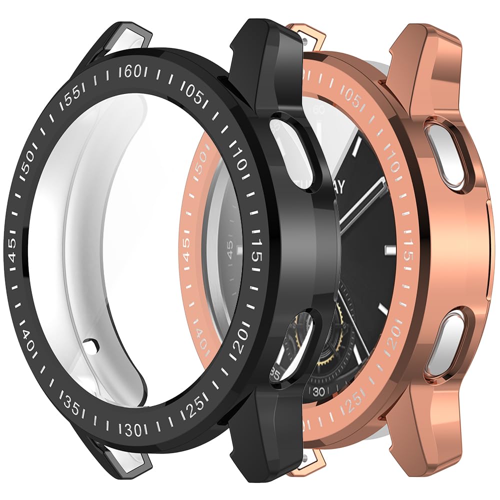Akancy Case Compatible with Mi Watch S3, Protective Film, Scratch-Resistant Screen Protector, Silicone, Full Body Cover, TPU Full Protection (Black Rose Gold)
