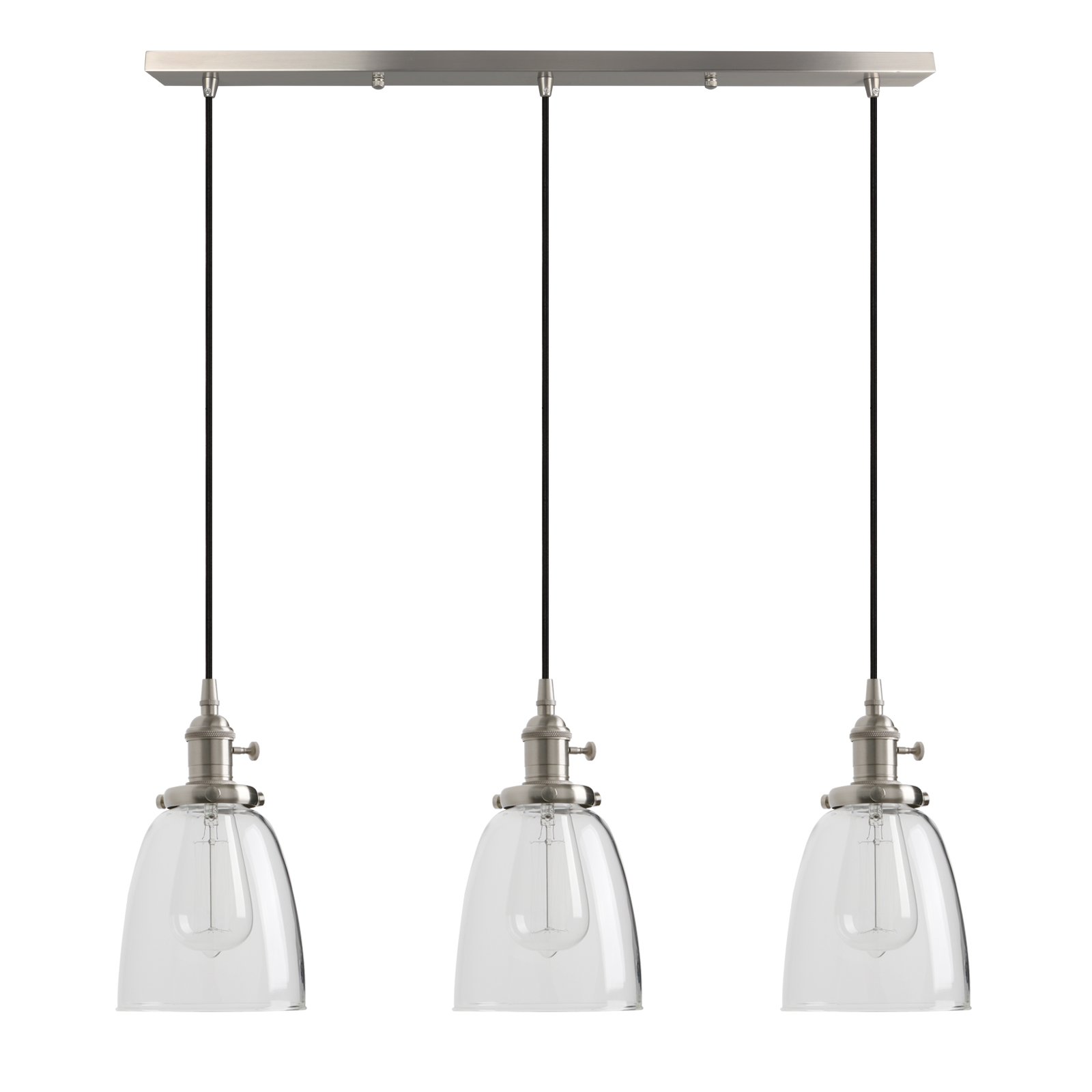 PathsOn Industrial Modern Vintage Loft Bar Kitchen Ceiling Pendant Lights Fittings Cluster Chandelier Glass Lampshade Hanging 3 Lights Fixture for Island Living Room Dining Room Bedroom (Brushed)