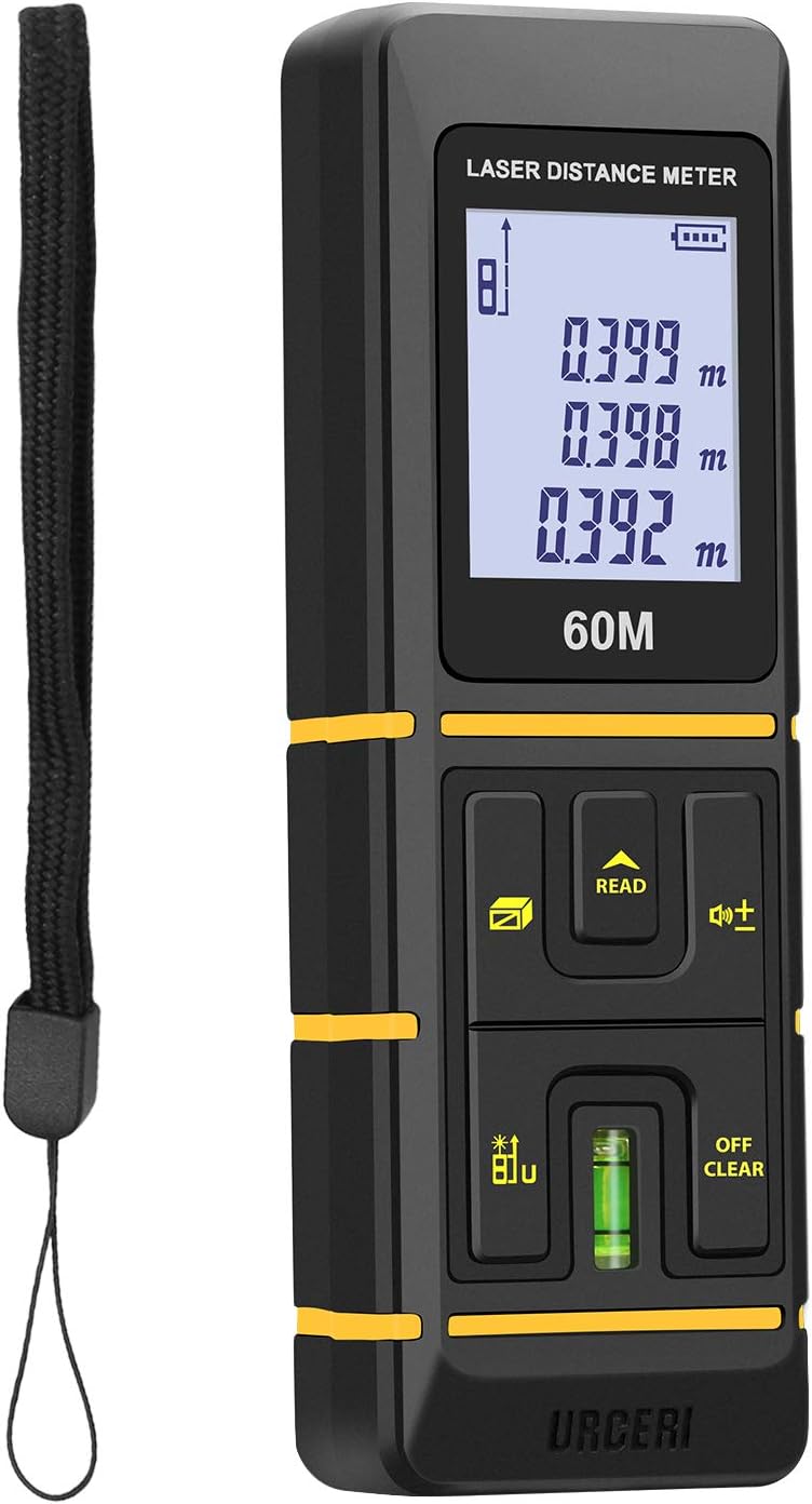 Laser Measure, URCERI Laser Distance Meter 60m, Portable Digital Measure Tool with Bubble Level, Backlit LCD Display and Unique Mute Function(Battery Included)