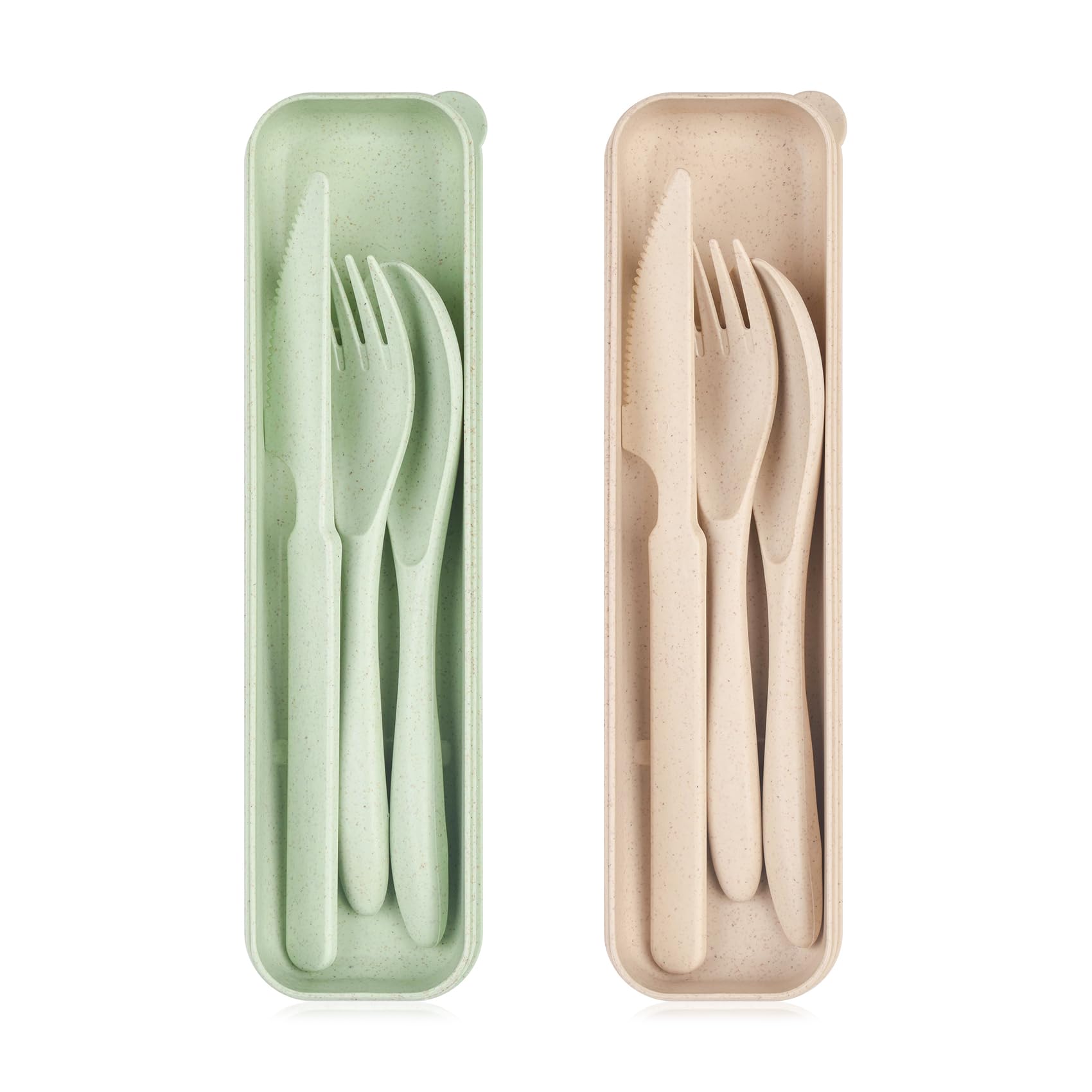 Travel Utensil Set with Case, 2 Sets Plastic Cutlery Sets, Reusable Spoon Chopstick Forks Tableware, Portable Cutlery Travel Picnic Camping or Daily Use (Beige & Green)
