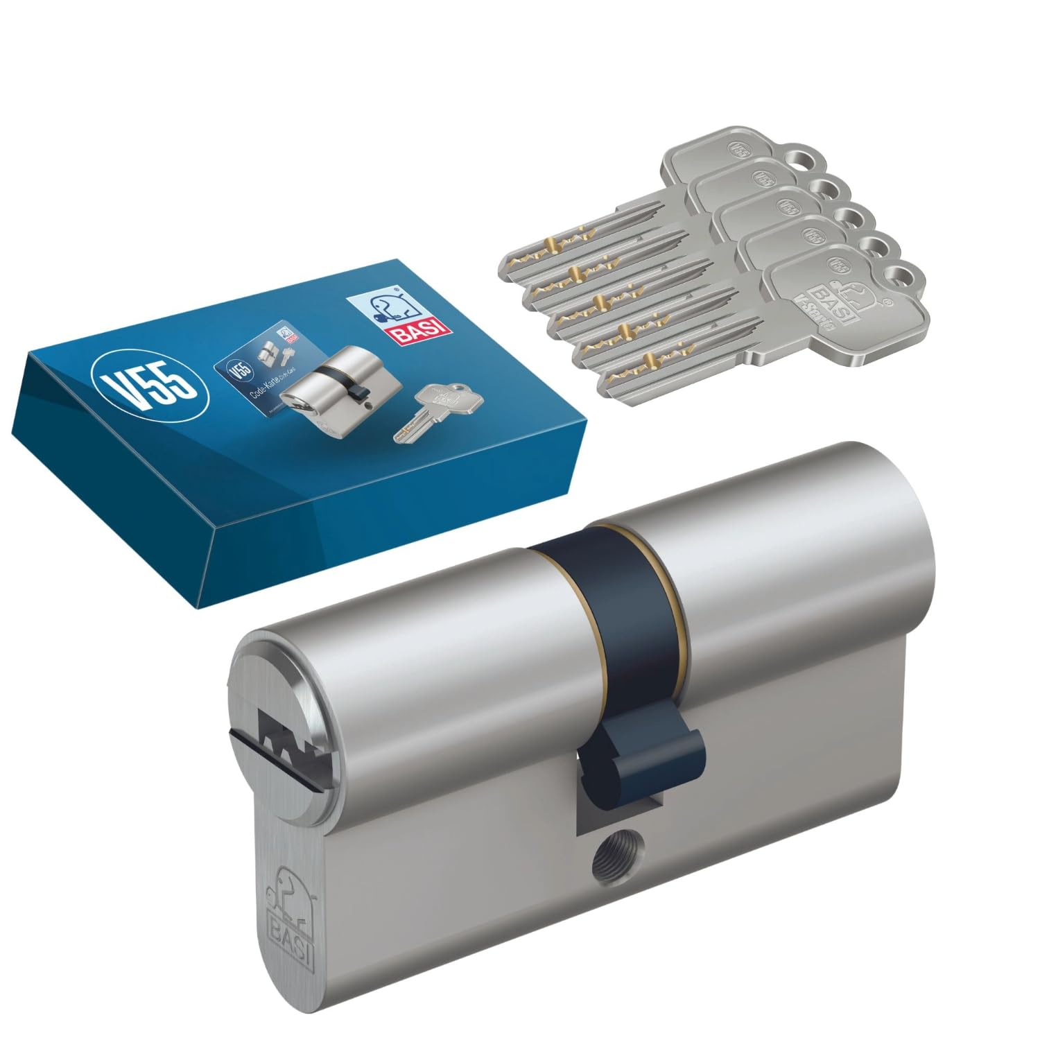 BASI | V55 Profile Double Cylinder 30/30 mm | Emergency and Danger Function | Cylinder Lock | 5 Reversible Keys & Code Card | Dimple Key | Picking Protection & Drilling Protection | Different Locking — image 1