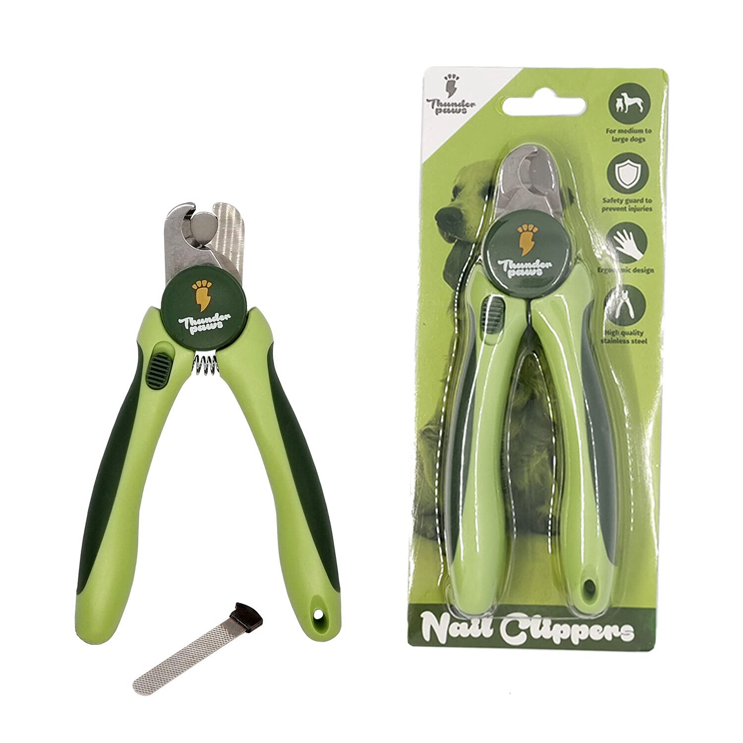 Thunderpaws Professional-Grade Dog Nail Clippers with Protective Guard and Safety Lock (Medium to Large Breeds, Green)