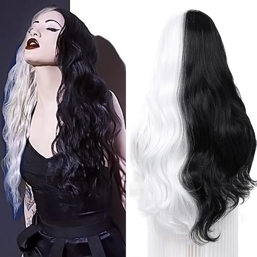 PORSMEER Long Half Black and White Wigs for Women Middle Part Natural Wavy Curly Synthetic Hair Heat Resistant Fiber for Daily/Halloween Party,26inch